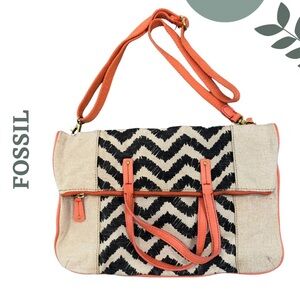 Fossil Chevron Print Canvas Tote Bag | Fold Over Convertible Crossbody Leather
